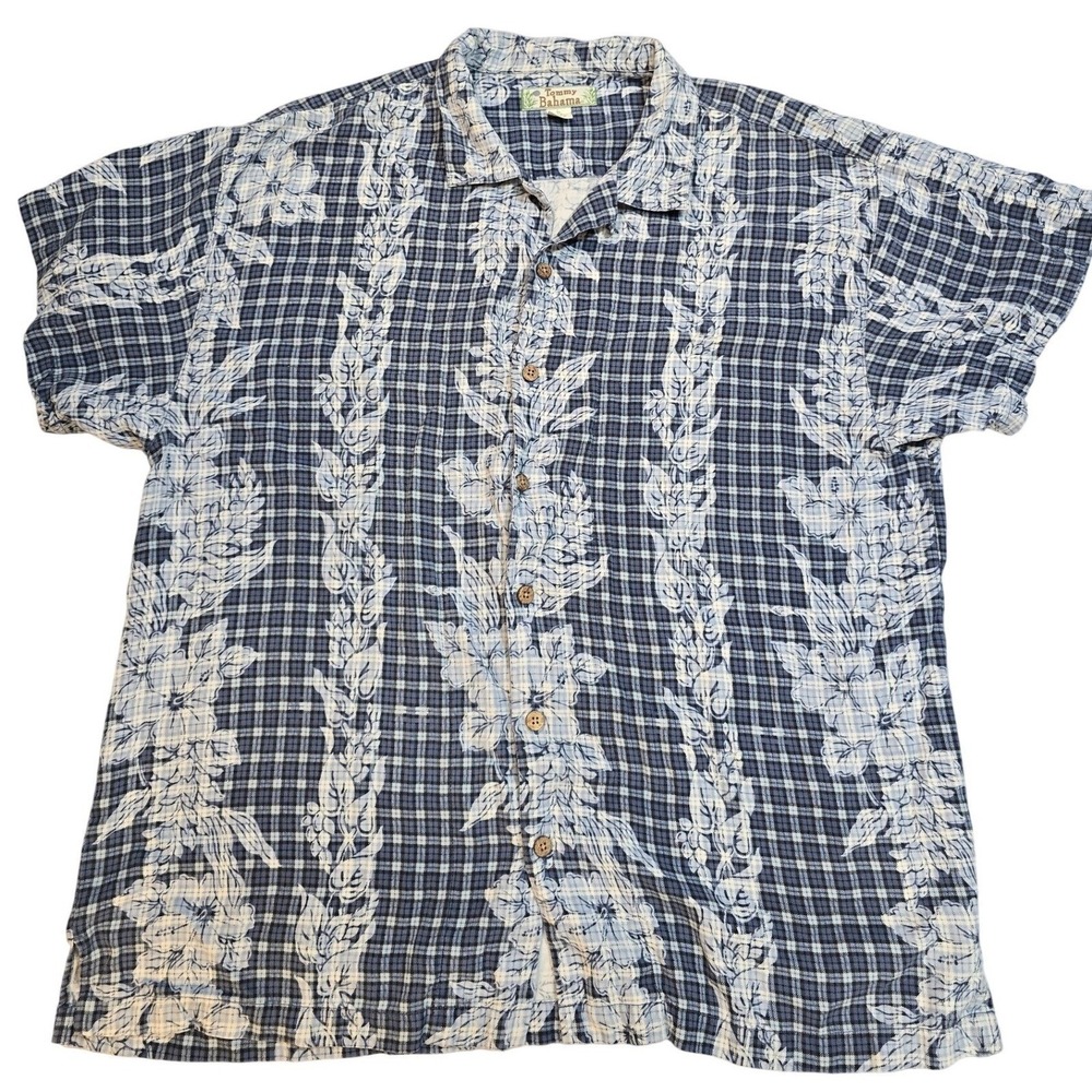 Vintage Tommy Bahama 100% Silk Hawaiian Camp Shirt Floral Plaid XL Blue